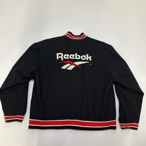 Vintage Reebok Jacket Mens Medium Black Wool Spell Out Logo Snap Button Red Trim